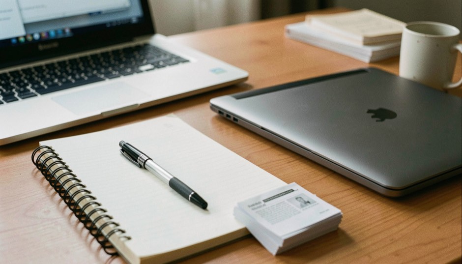 A pen resting across a spiral notebook next to a closed laptop on a wooden desk, an empty mug and a small stack of printed pages beside it