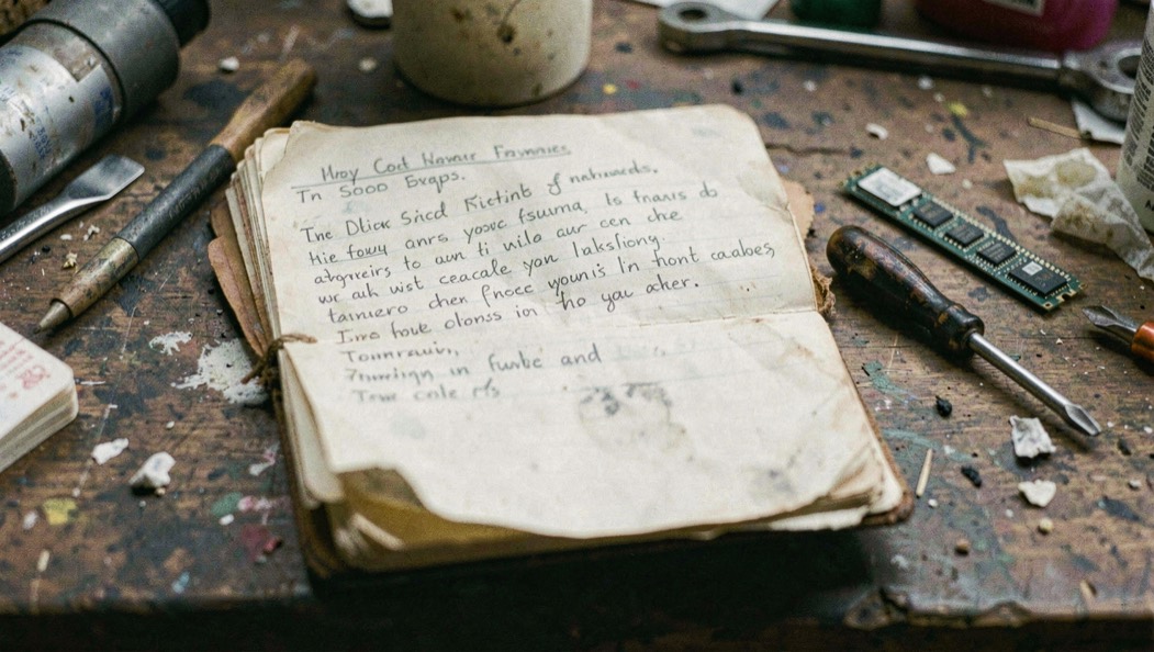 A worn pocket notebook filled with handwritten definitions lying open next to a screwdriver and a strip of memory on a cluttered bench