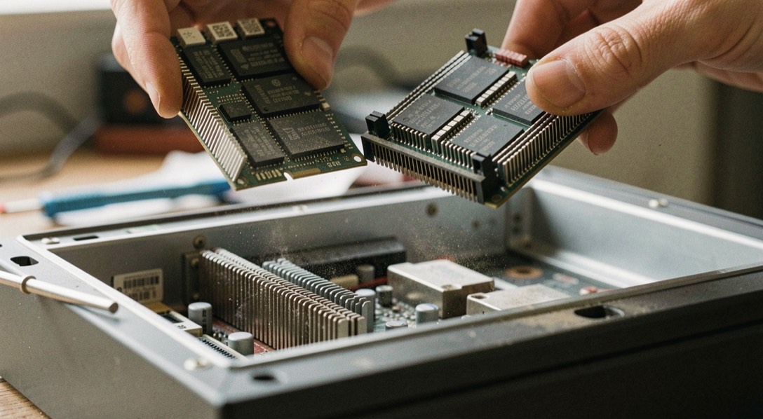 Two memory modules held above an open motherboard slot, dust visible on the heatsink fins and a screwdriver lying across the case edge