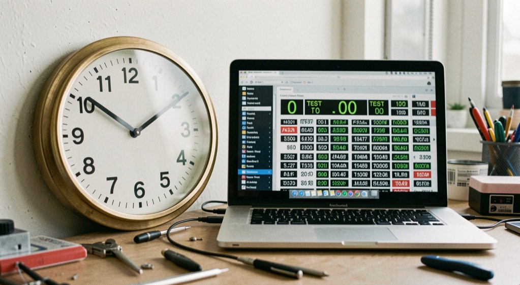 A wall clock and a laptop side by side on a workbench, the laptop screen showing an elapsed time counter and a wall of test iterations