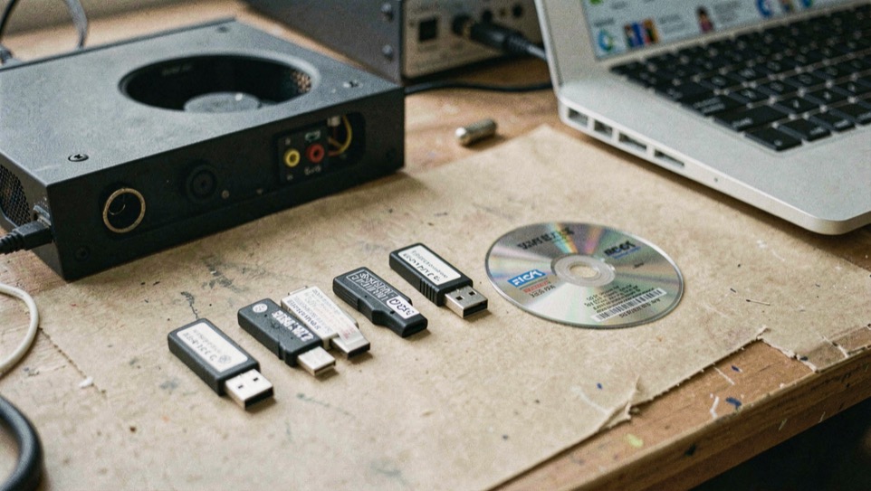 Several labeled USB sticks and an optical disc laid out in a row on a workbench next to an external drive enclosure and a notebook