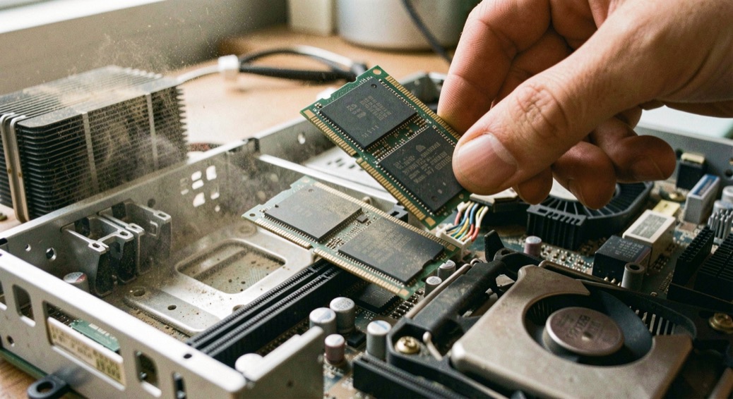 Two memory modules being lifted out of an open motherboard slot, retaining clips pushed aside and dust visible on the nearby heatsink