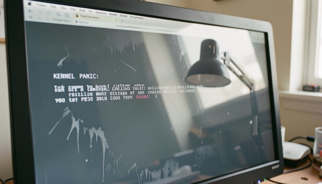 A frozen computer screen showing a kernel panic message photographed at an angle, the reflection of a workbench lamp across the glass