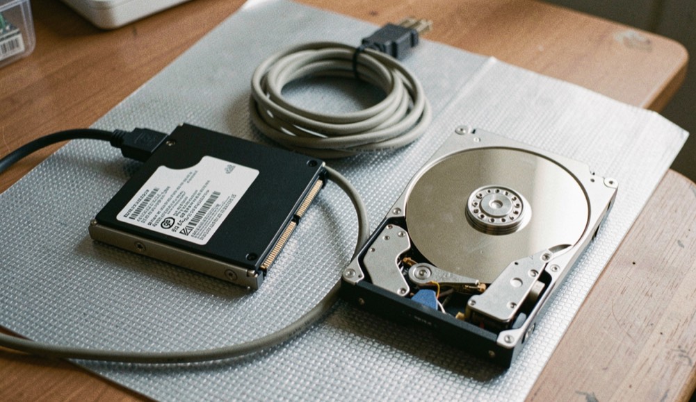 A solid state drive and a mechanical hard disk lying side by side on an anti static mat with a SATA cable coiled between them