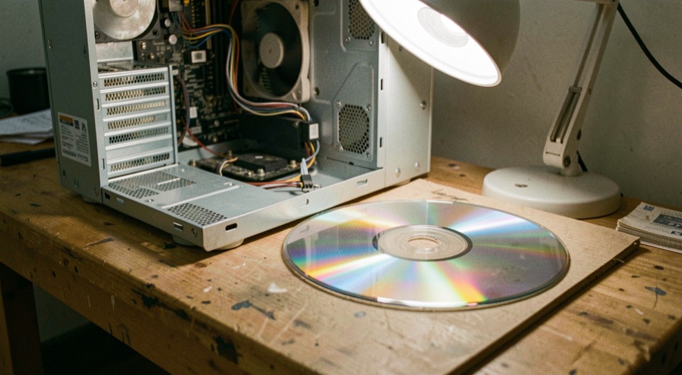 An optical disc resting on a workbench next to an open computer case, the disc surface catching light from a lamp above the bench