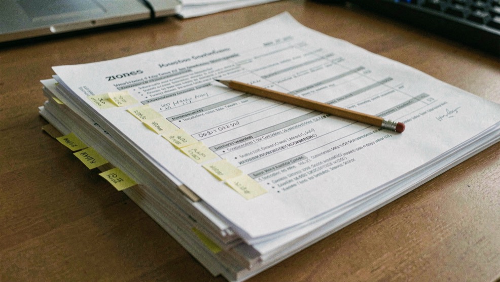 A stack of printed technical documentation on a desk with sticky tabs marking several pages, a pencil lying across the top sheet