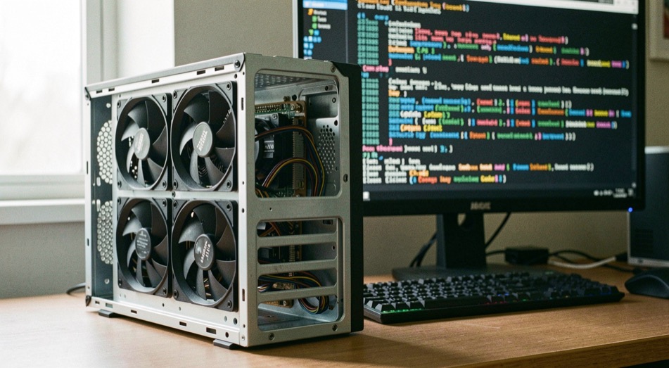 A desktop machine running with its side panel removed, fans spinning and a monitor behind it showing a wall of scrolling console output