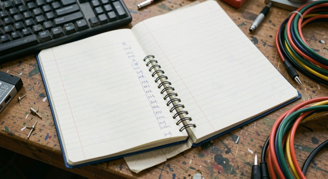 A ruled notebook open beside a keyboard on a workbench, pencil annotations down the margin and a coil of test leads at the edge of the page