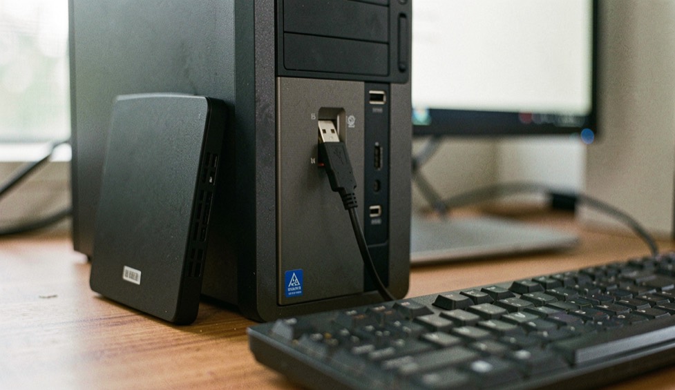A USB stick plugged into the front panel of a desktop computer, the side cover leaning against the desk leg and a keyboard in front